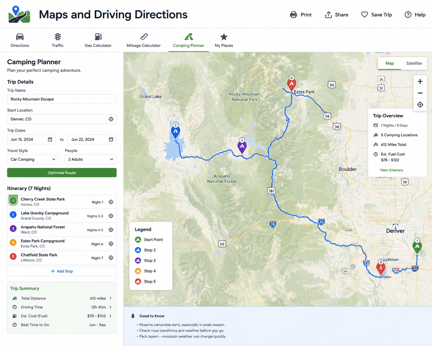 Camping planner map showing campsite planning, route details and outdoor trip preparation