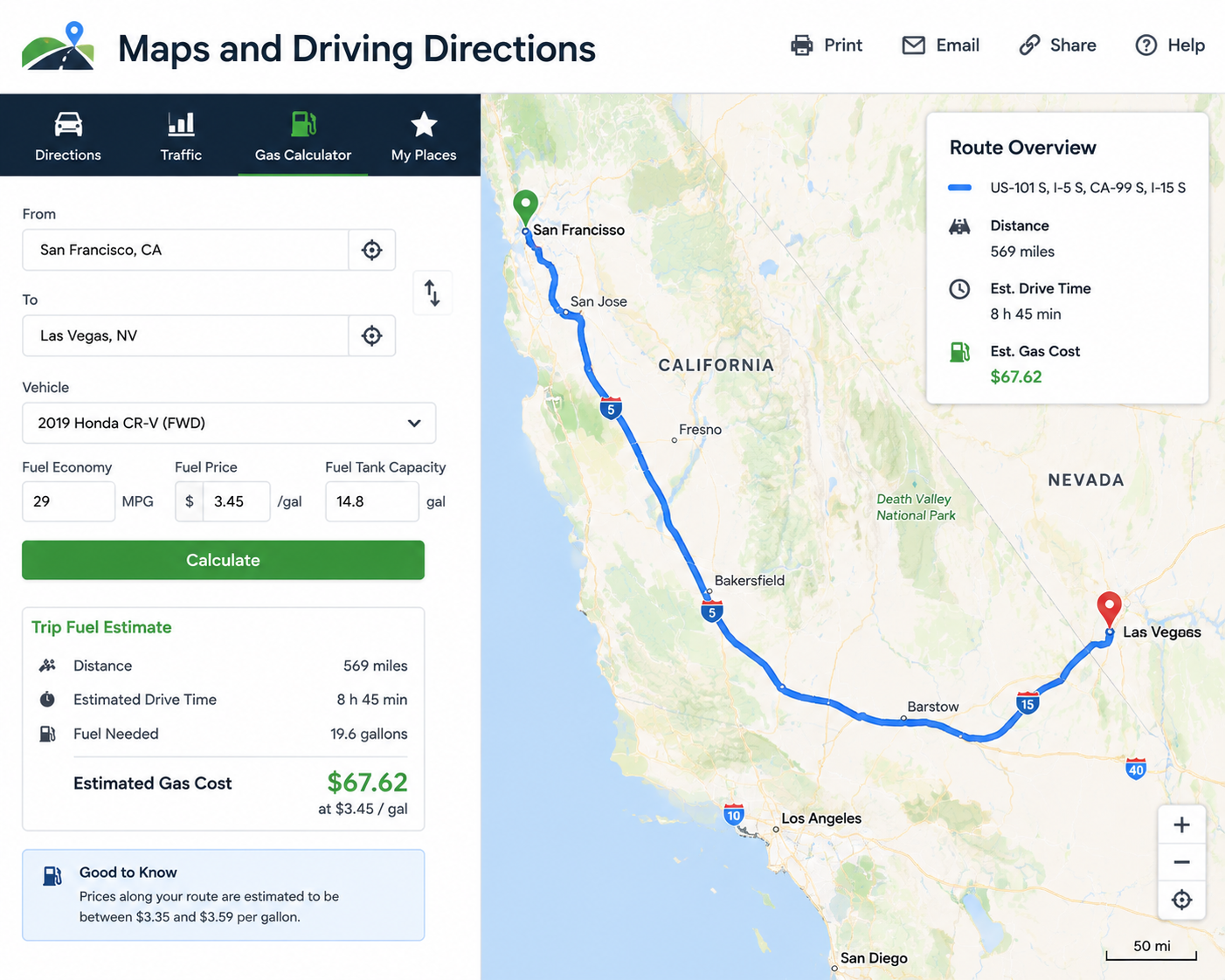 Gas calculator screen showing fuel cost estimates for a driving trip
