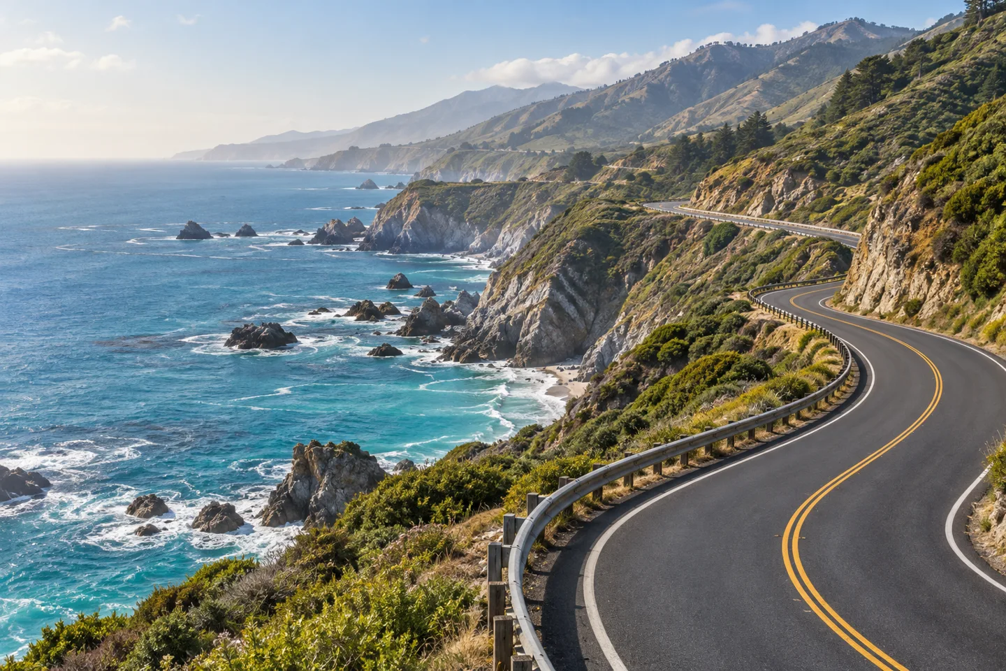 A winding coastal road overlooking turquoise water and green cliffs