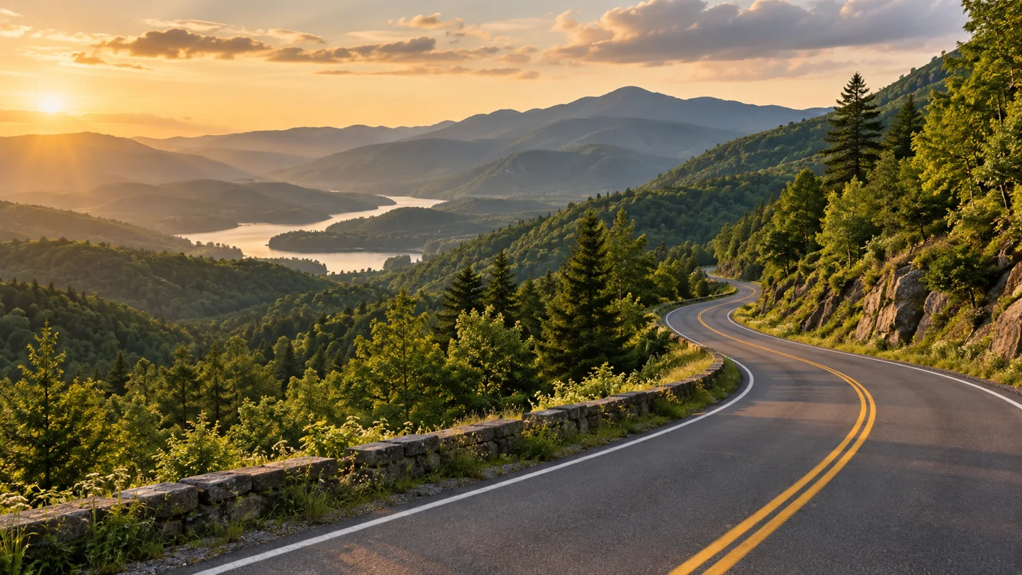 A two-lane road curves through green mountains above a lake in golden evening light