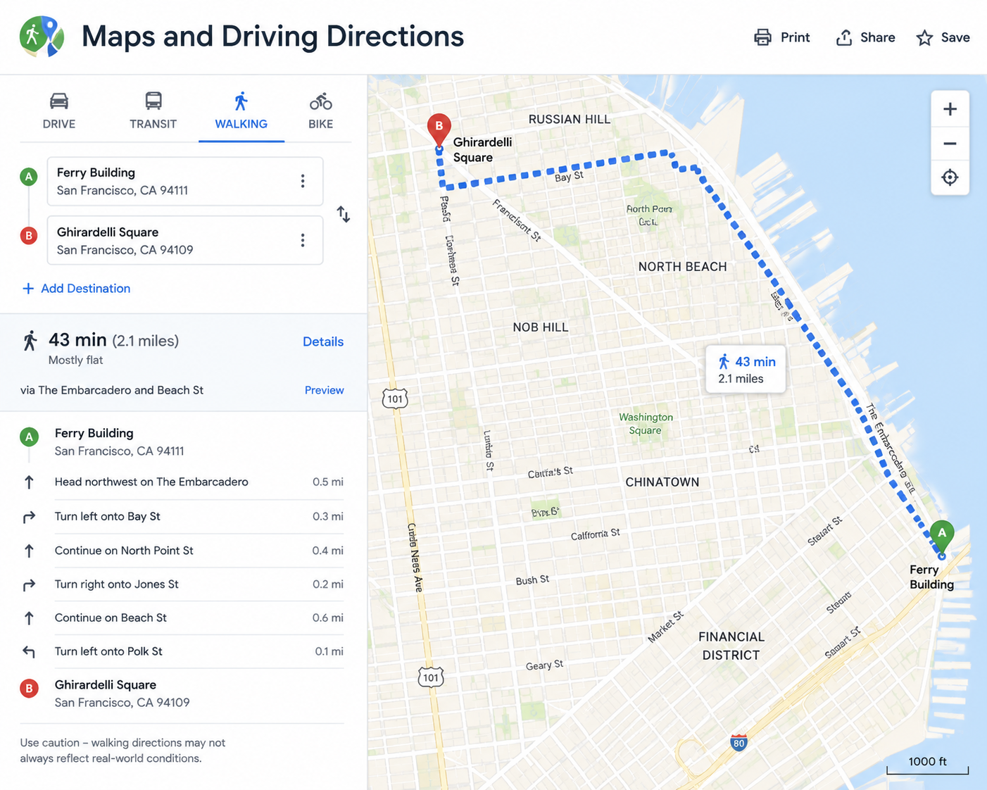 Walking directions map showing a pedestrian route with step-by-step walking instructions and destination markers