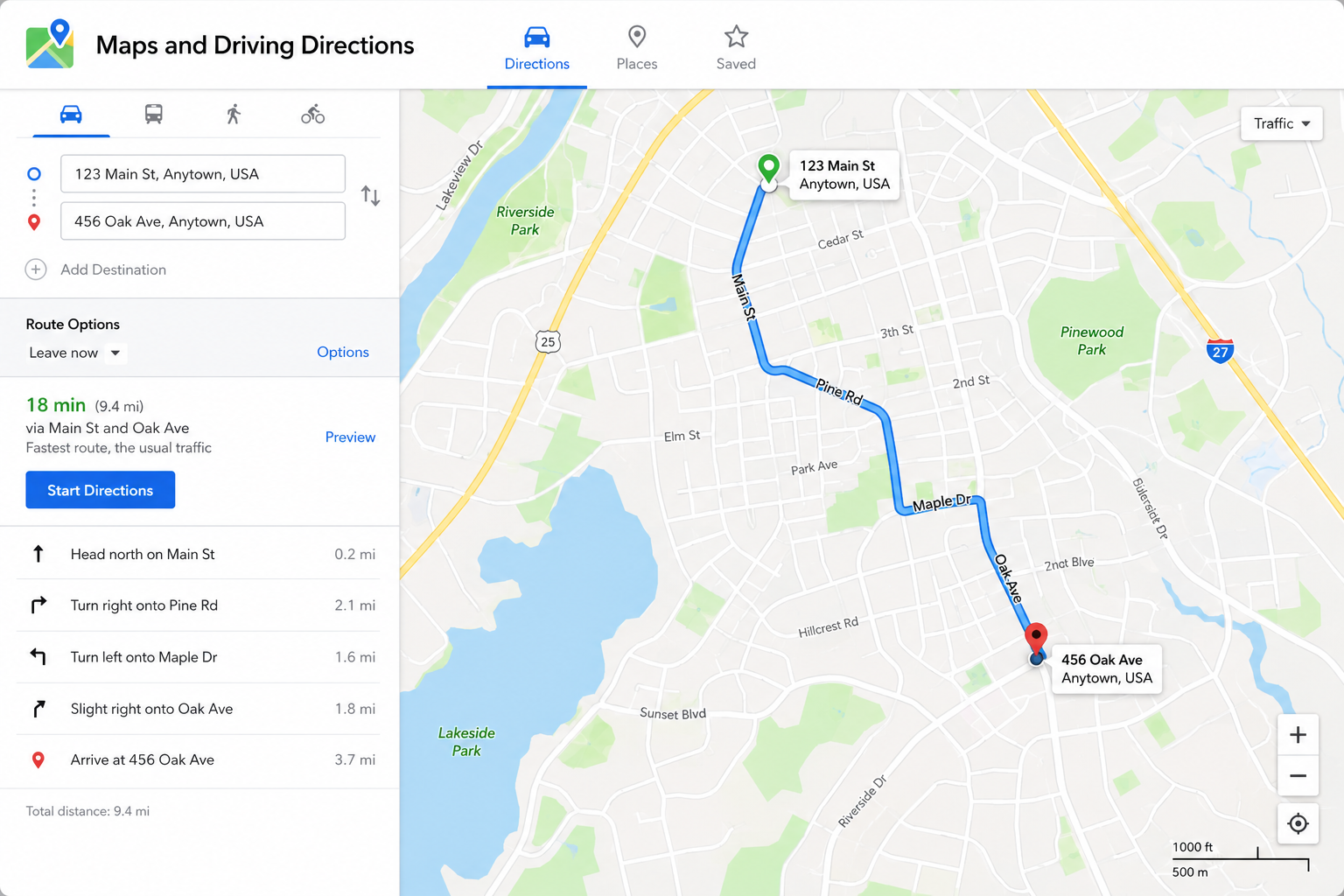 Digital maps interface showing a route overview, location pins and nearby map details