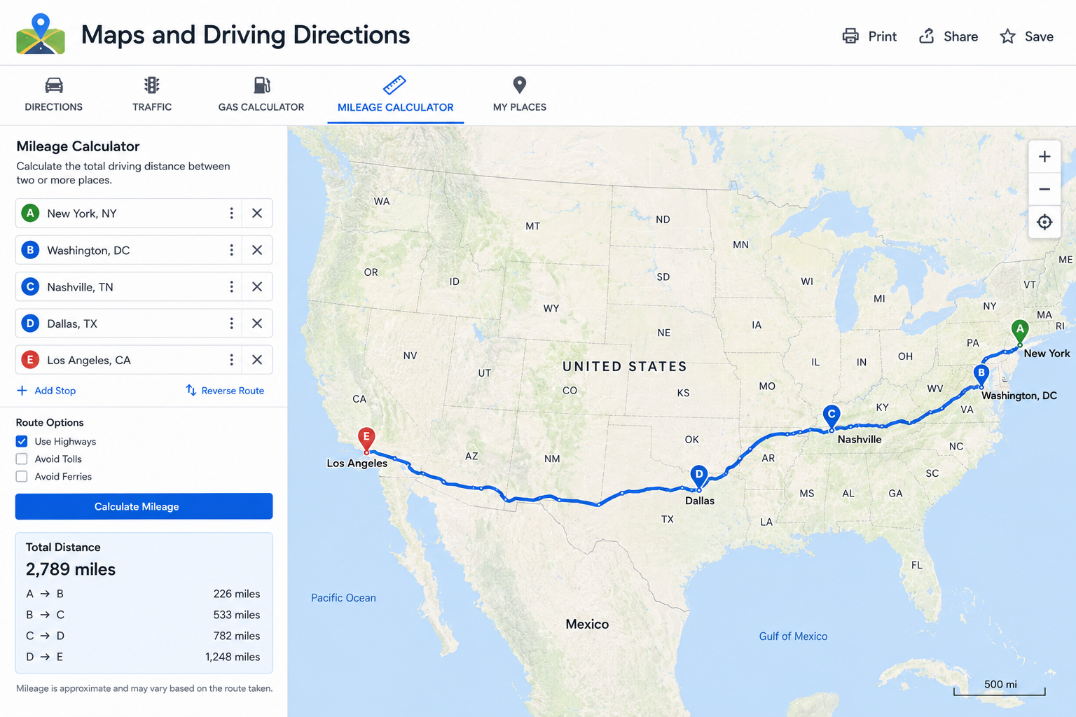 Mileage calculator interface showing trip distance, route mileage and driving cost planning details