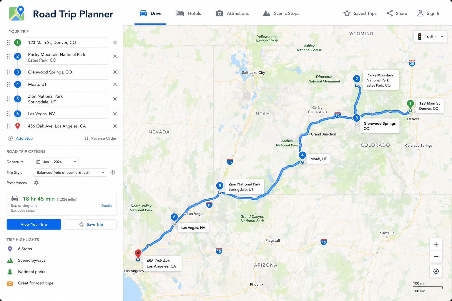 Road trip planner map showing a long-distance route, stops and travel planning details