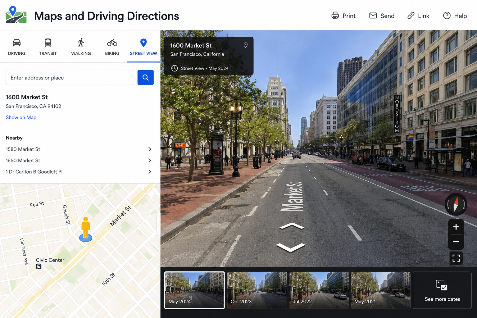 Street view map interface showing a destination preview from ground level