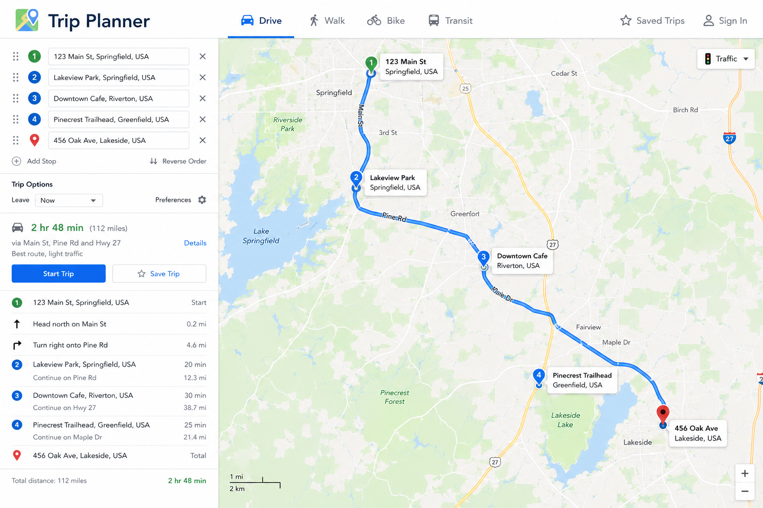 Trip planner interface showing destinations, route details and organized travel planning information